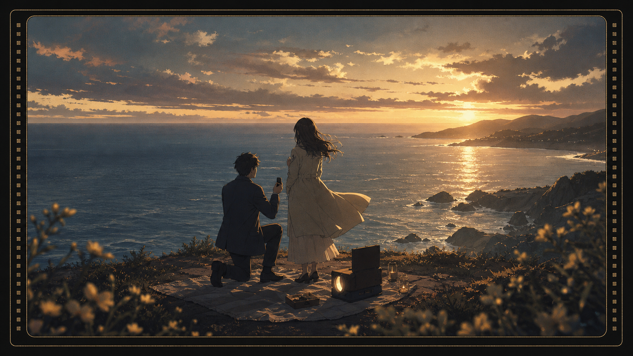 Anime-inspired coastal proposal film still at sunset.