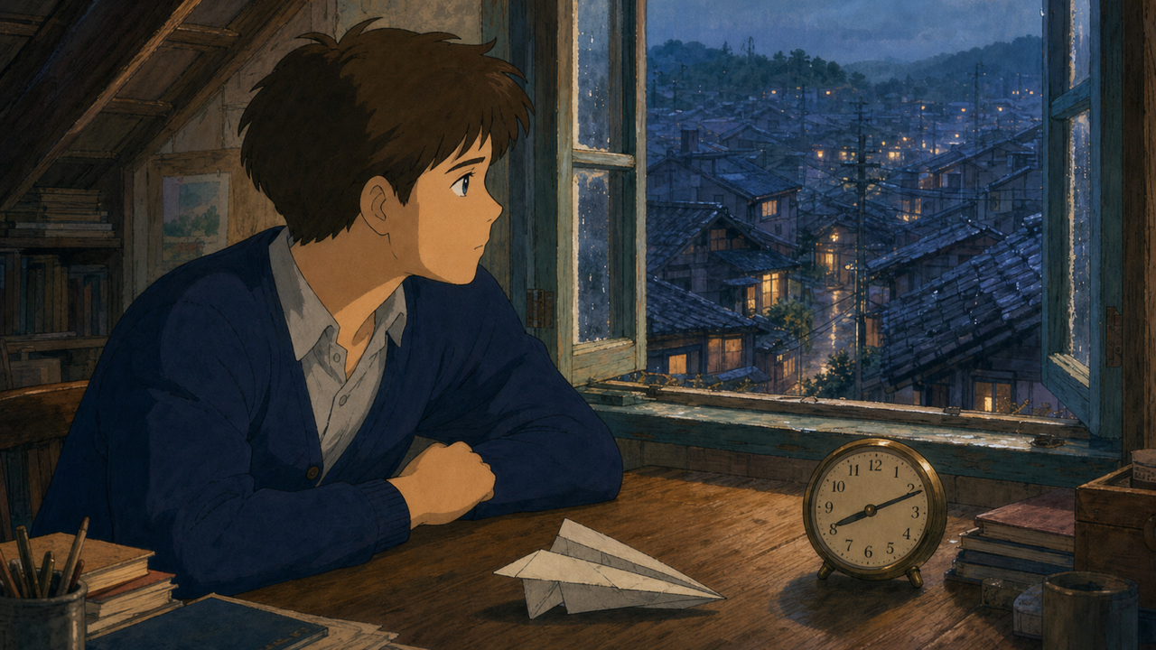 Hand-painted anime-inspired film still of a young man alone in an old-town attic at blue hour.