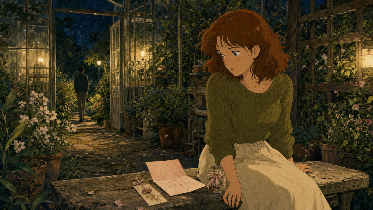 Hand-painted anime-inspired garden confession still with a folded letter.